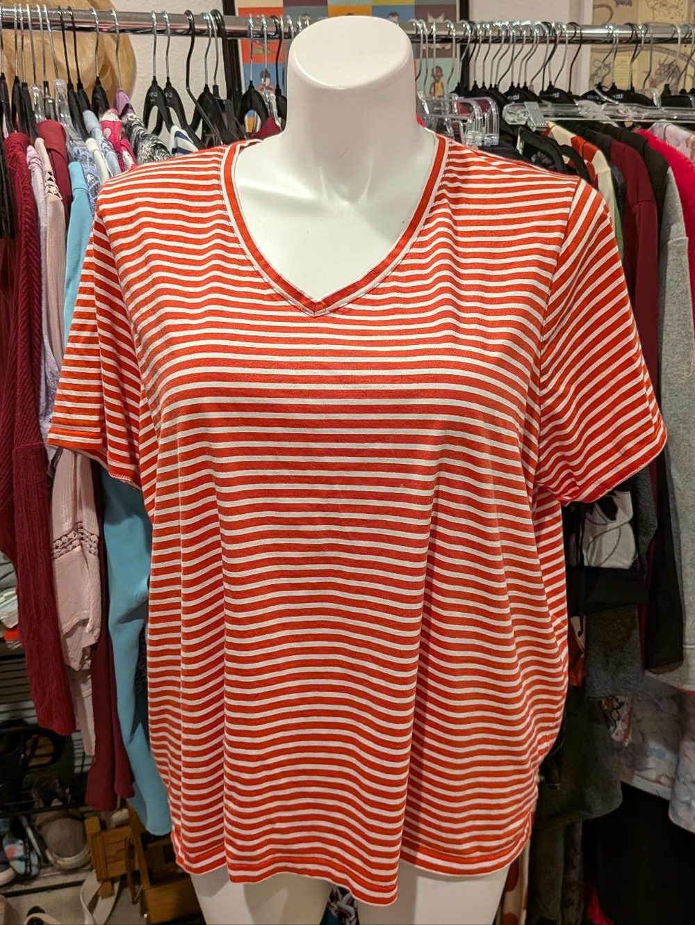 Lands' End Red and White Striped V-Neck Short Sleeve Tee 3X
